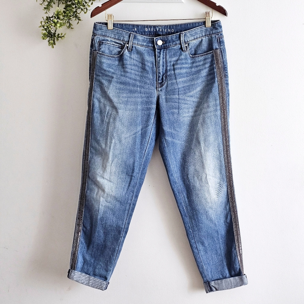 White House Black Market Girlfriend Jeans Womens Size 8 Blue Denim Side Stripe